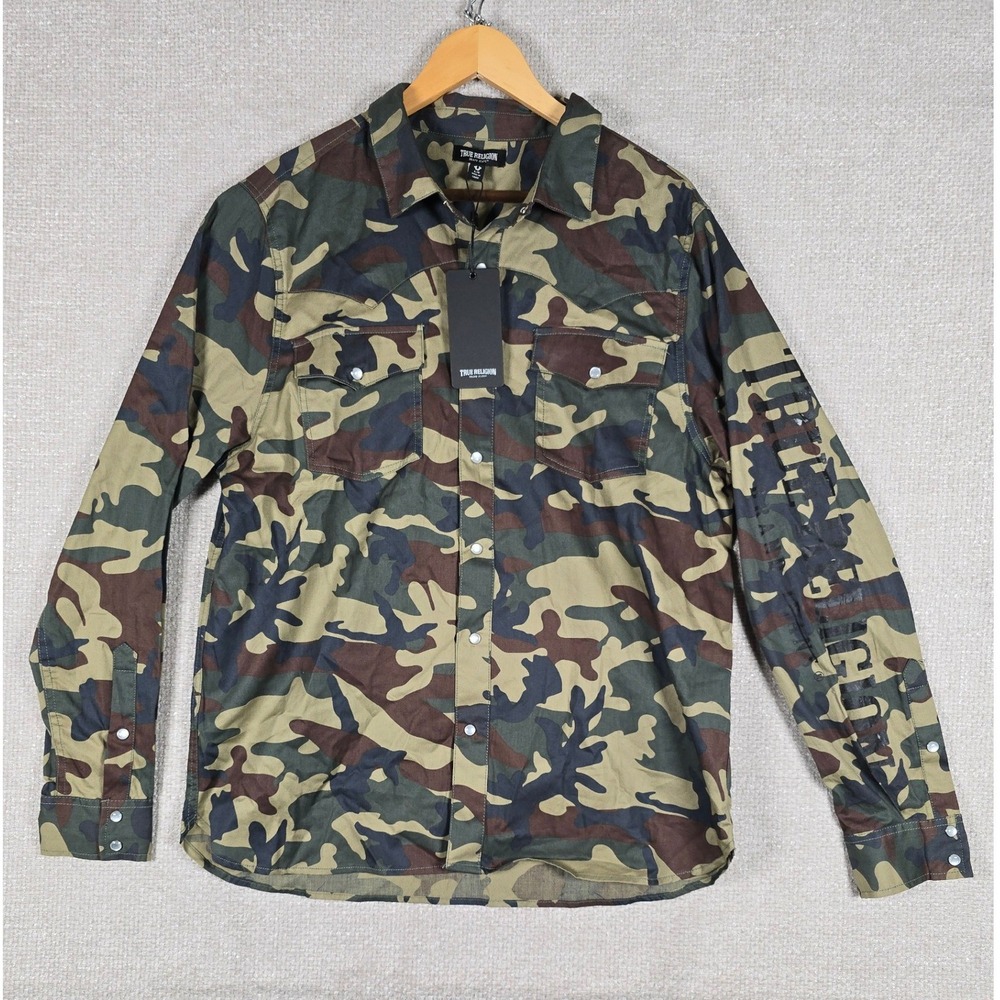 True Religion Mens Camo Western Snap Button Shirt Sleeve Graphic Green Large